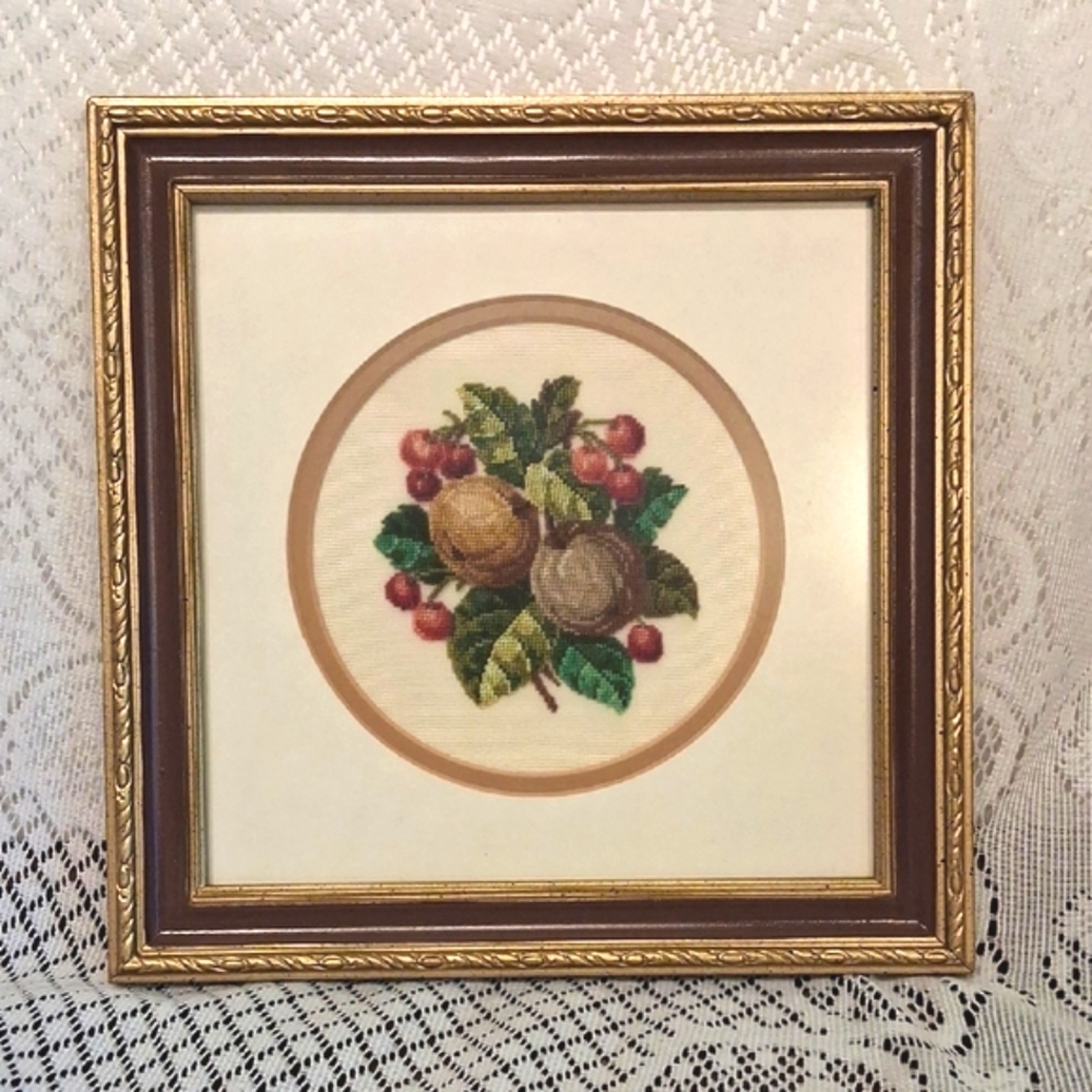 Petit Point Fruit & Leaves Double Matted, Framed Under Glass 3407
